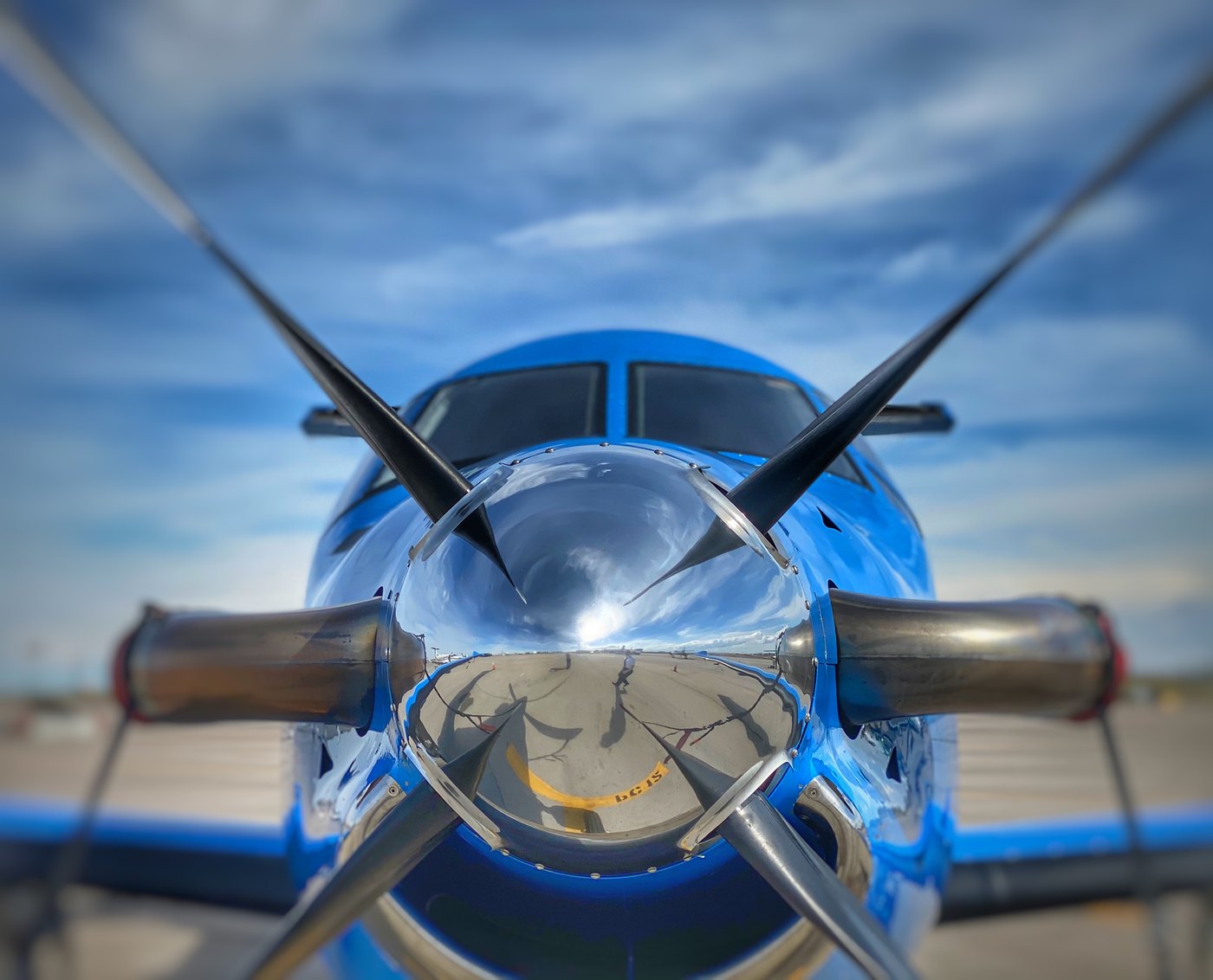 Close-up of Boutique Air turboprop propeller and nose